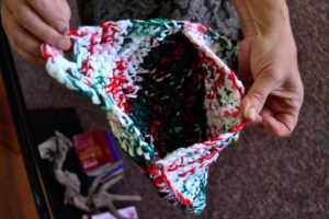 A look at the inside of a simple bag made with plastic shopping bags