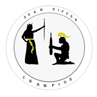 A knight holding a seam ripper, kneels before Princess YellowBelly to receive the award of Seam Ripper Champion