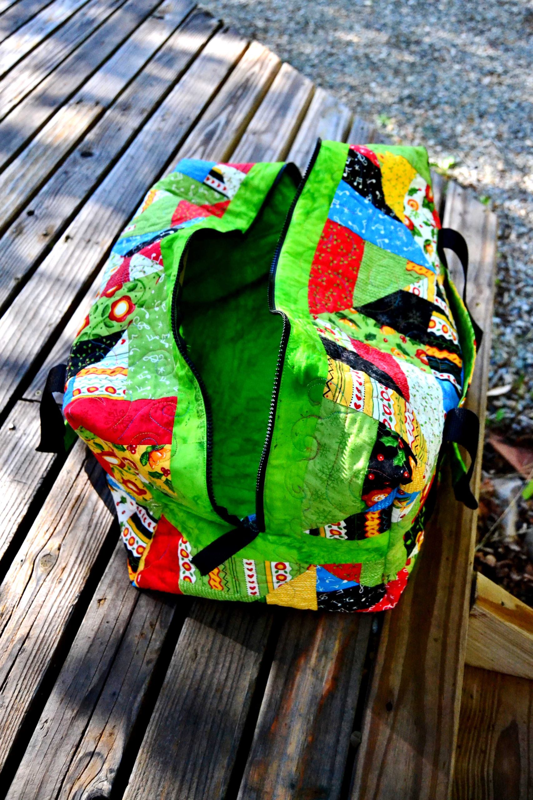 Shows bright green custom duffle bag by Princess YellowBelly Designs