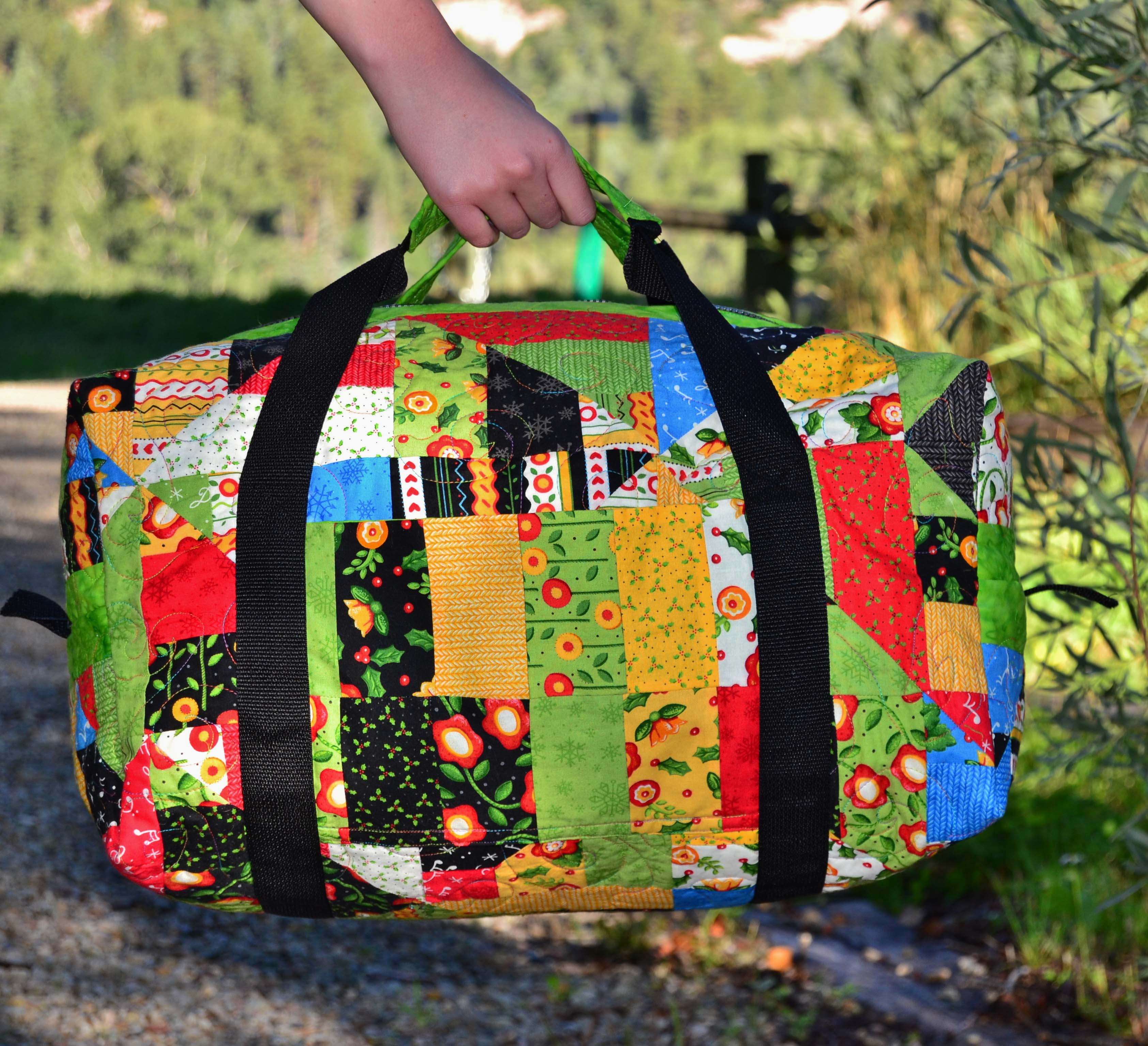 Shows bright green custom duffle bag by Princess YellowBelly Designs