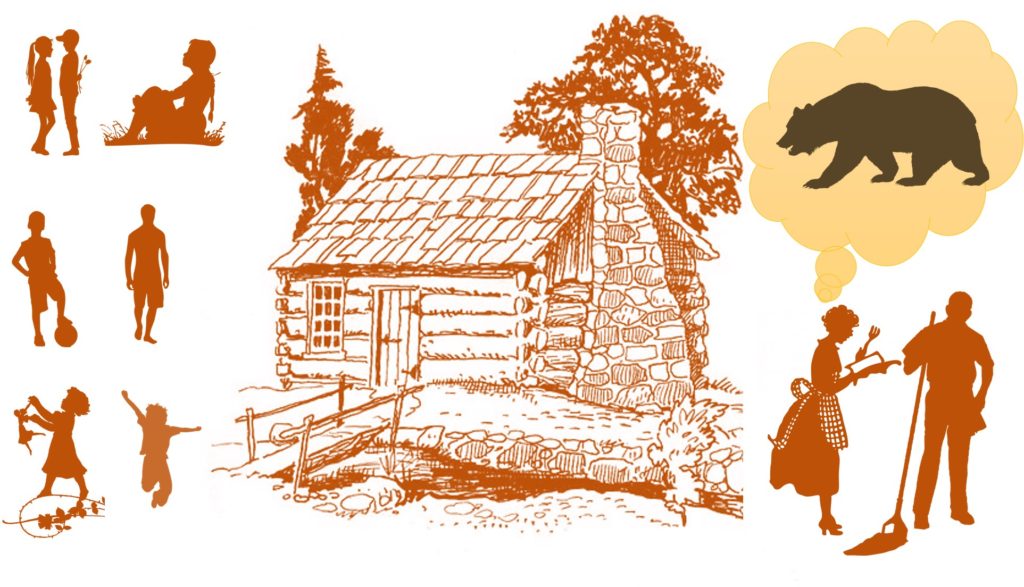 log cabin, seven children, farmer and wife, grizzly bear