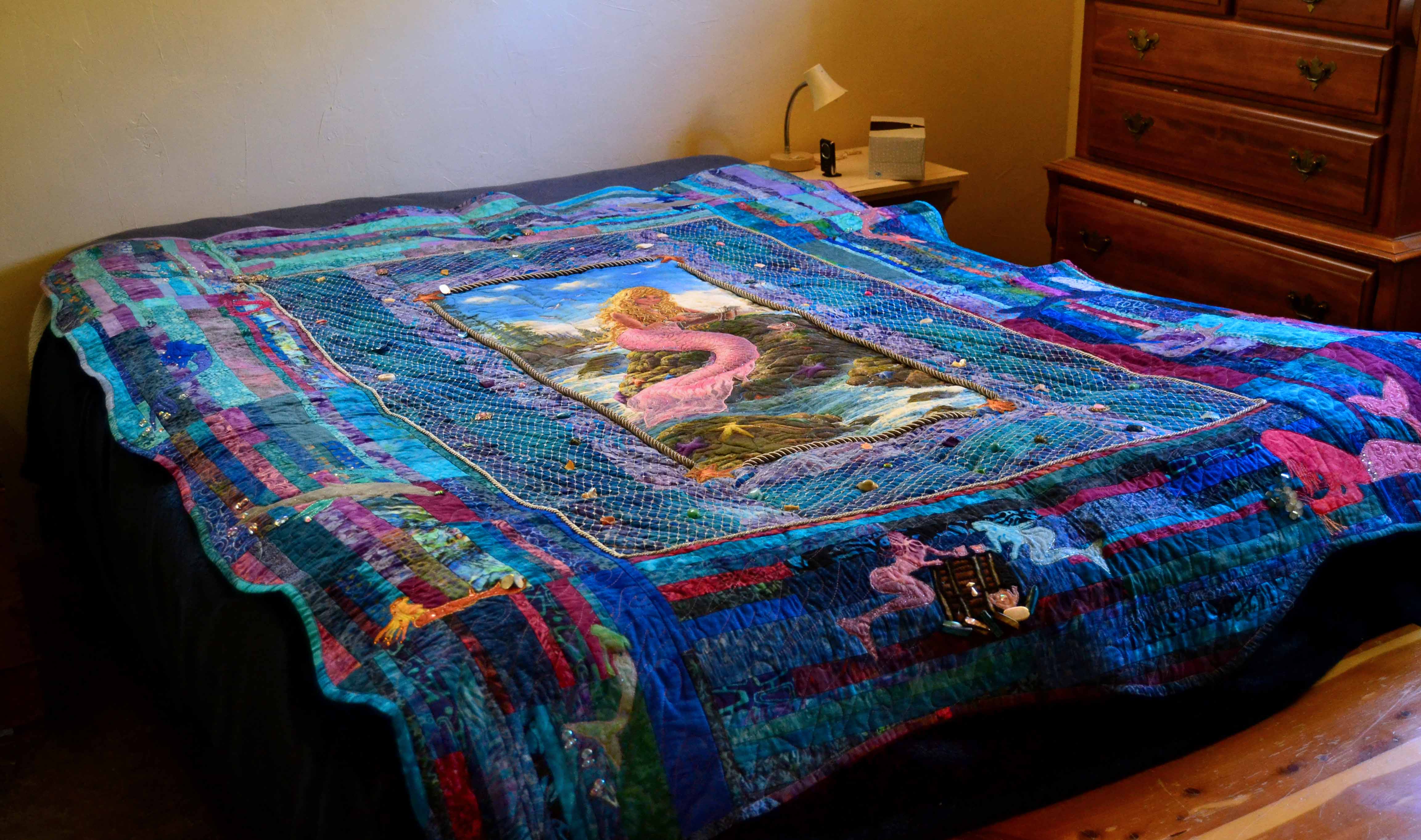 Ocean Maidens mermaid quilt with silver accents