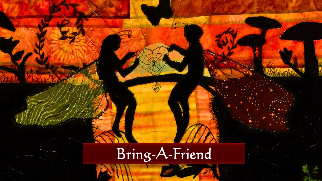 fairy boy and girl spinning spiderweb heart with button caption "Bring-A-Friend"