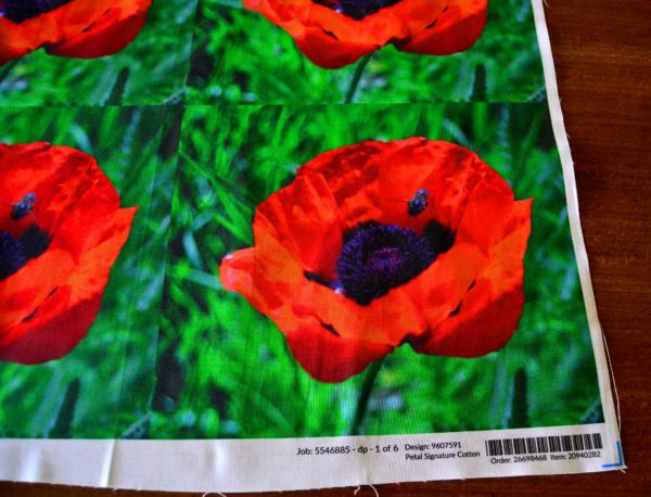 Jewel tone poppy with Bee 4 set printed panel bottom corner with selvage line