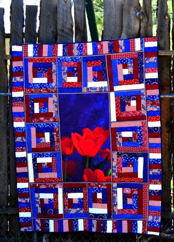 Patriotic Tulips American red white and blue twin quilt