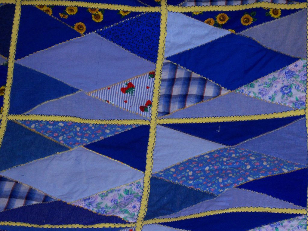 blue denim quilt with yellow sashing