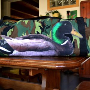 Duck Duffle bag - camo duffle bag with a printed mallard duck pocket