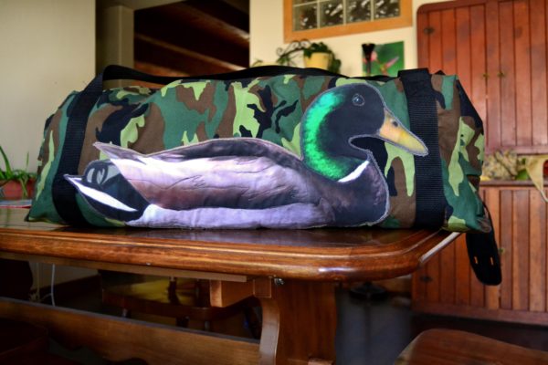 Duck Duffle bag - camo duffle bag with a printed mallard duck pocket