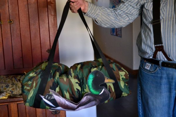 Duck Duffle bag - camo duffle bag with a printed mallard duck pocket