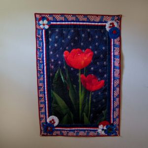 Patriotic Garden tulip printed photo panel with American flag and red, white and blue flowers for Independence Day