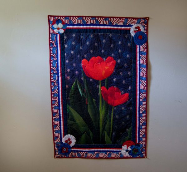 Patriotic Garden tulip printed photo panel with American flag and red, white and blue flowers for Independence Day