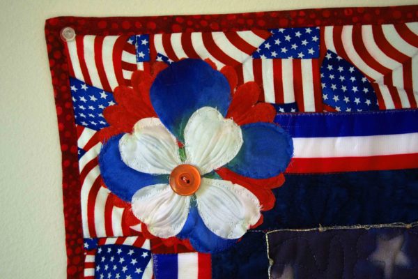 Patriotic Garden red white and blue flower stack with red button