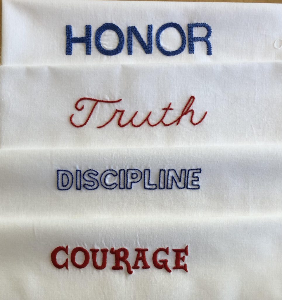 Embroidered honor, truth, discipline, courage