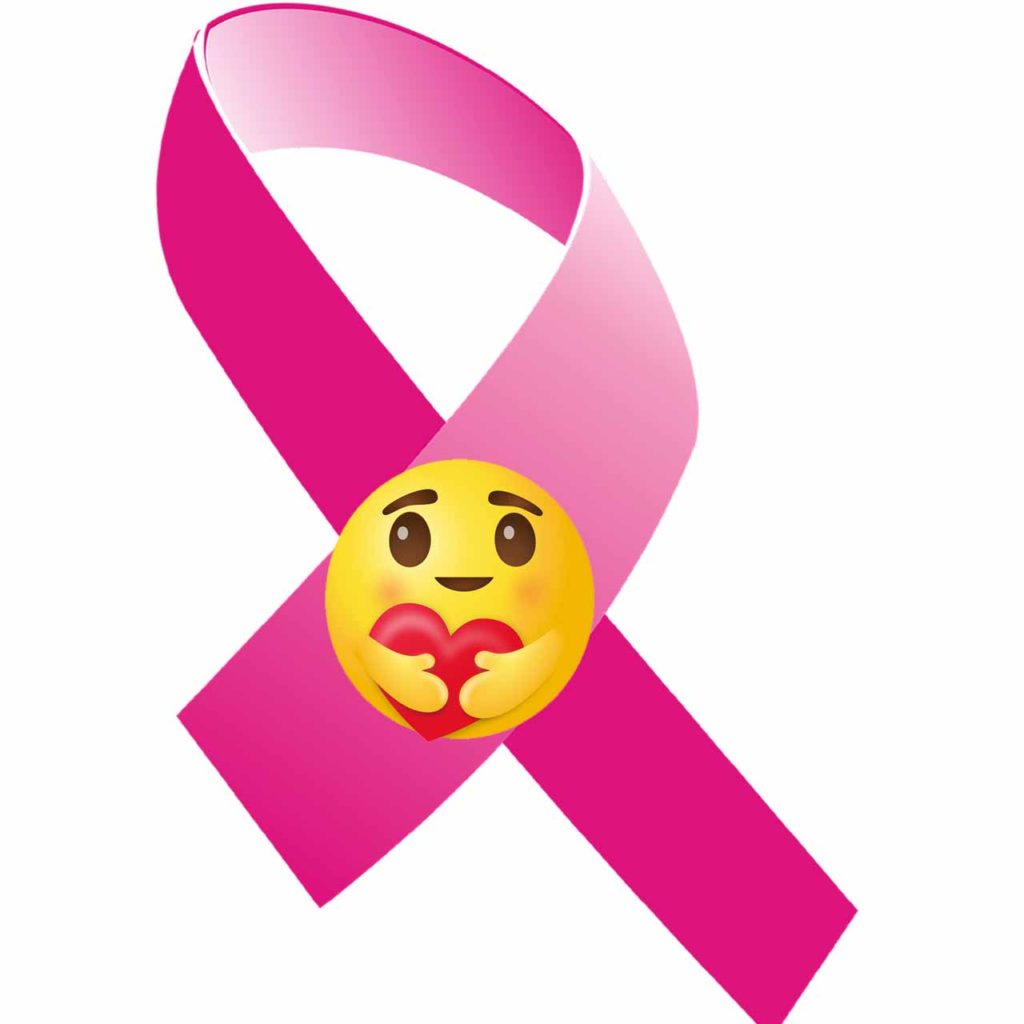 breast cancer awareness ribbon with heart-hugging emoji