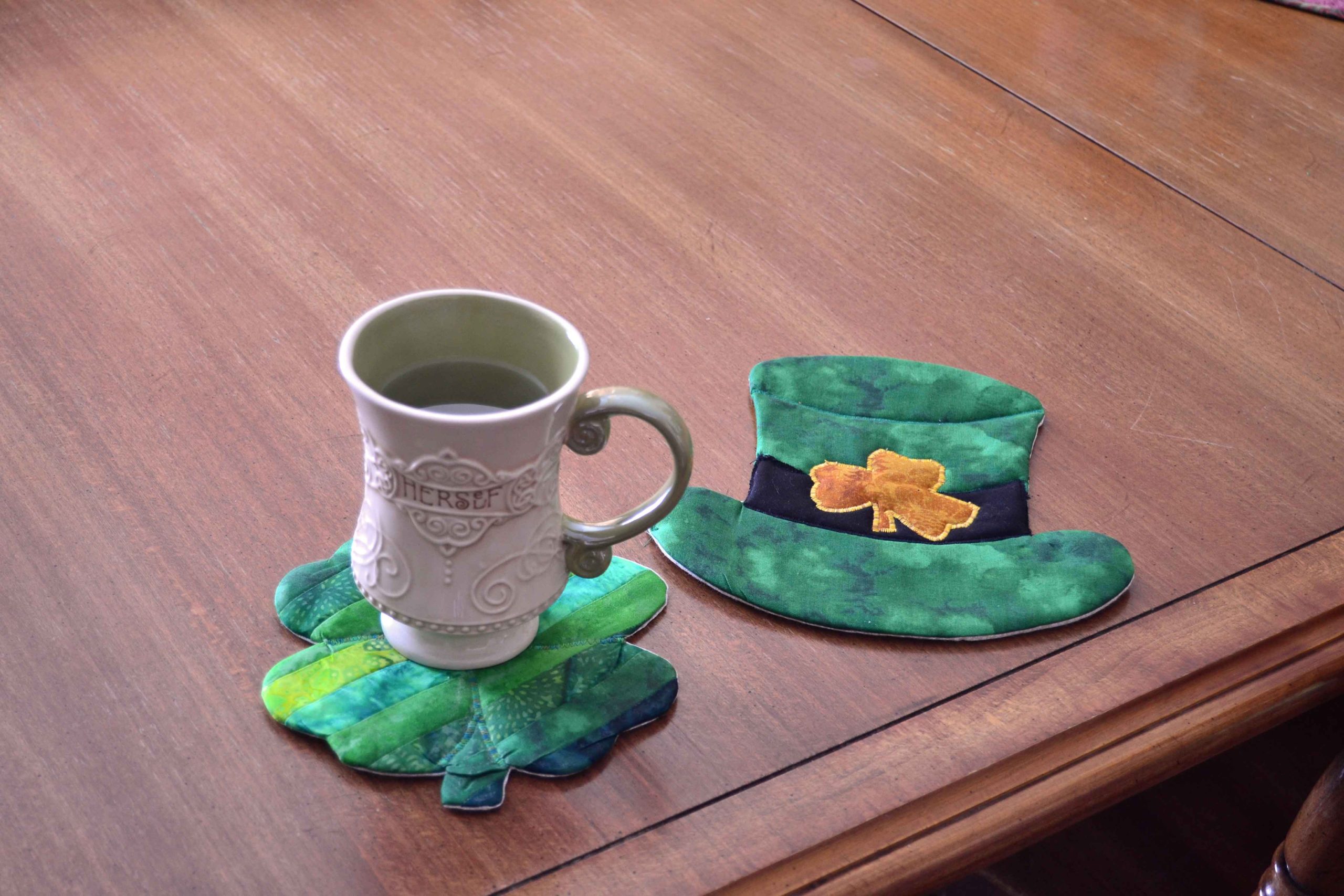 Irish tea time, St. Patrick's Day mug rugs with celtic tea cup